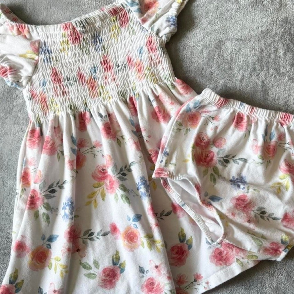 Little Me pink, blue, and green floral baby girl dress and bloomers set 12M